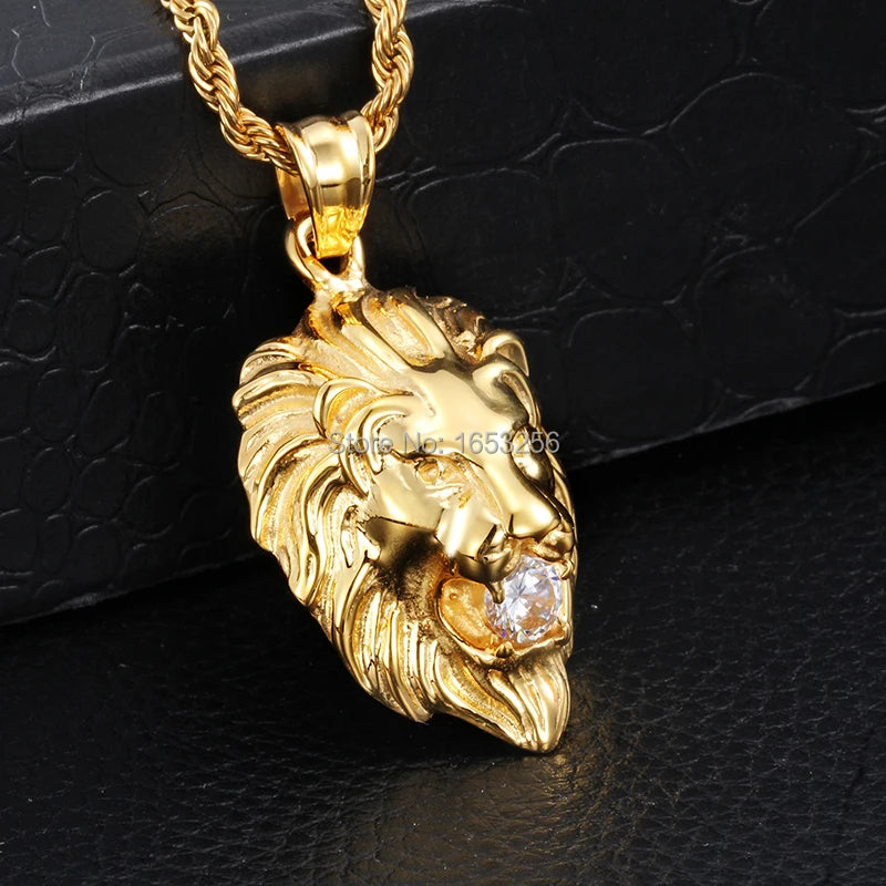 Men's Jewelry  Gold Tone Stainless Steel Fashion Biker  Lion White Crystals Pendant  Rope  Chain 22''