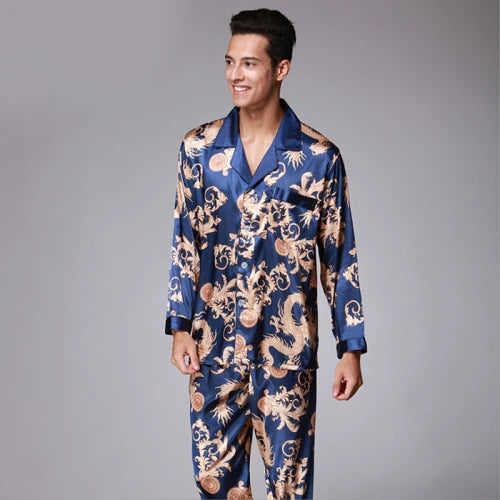 SSH004 High Quality Printed Wedding Mens Pajamas Satin Silk Nightgown Sleepwear Spring Autumn Male Full Sleeves Pants Pajama Set