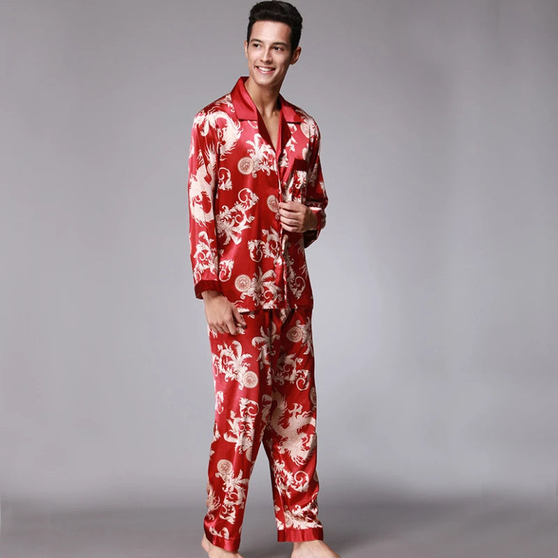 SSH004 High Quality Printed Wedding Mens Pajamas Satin Silk Nightgown Sleepwear Spring Autumn Male Full Sleeves Pants Pajama Set