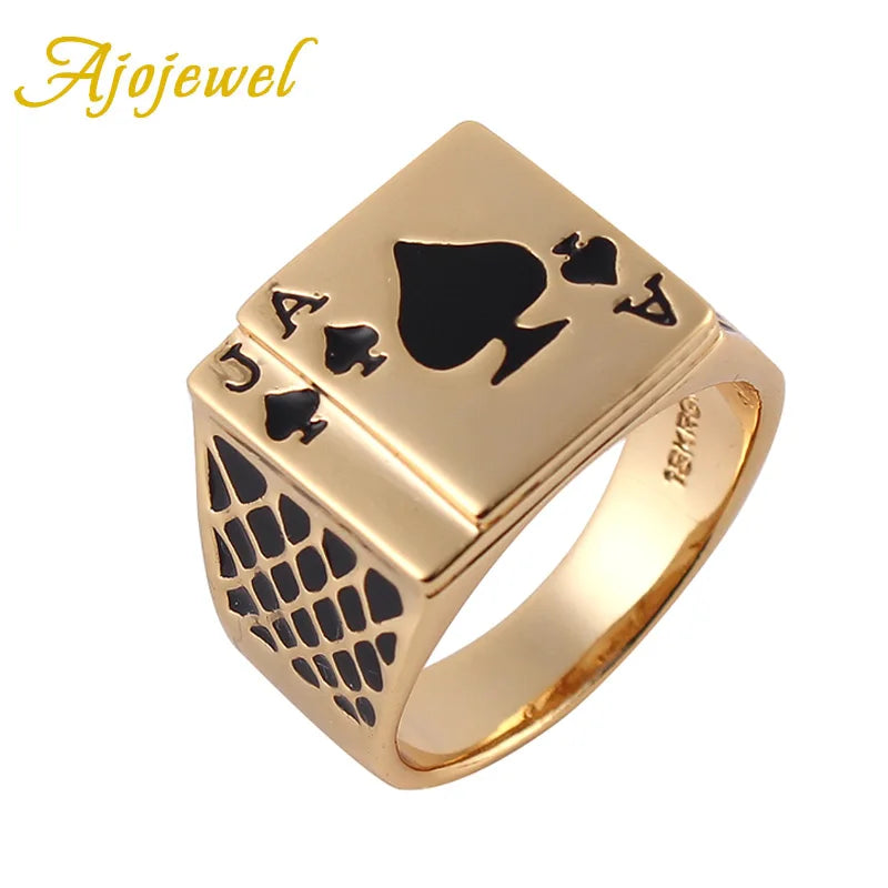 Ajojewel Gold-color Poker Ring Men Classic Jewelry Cool Black Enamel Heart Anel Man Accessories