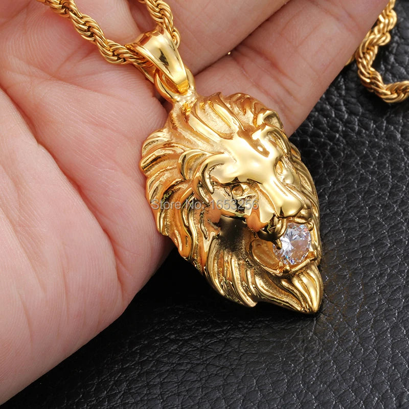 Men's Jewelry  Gold Tone Stainless Steel Fashion Biker  Lion White Crystals Pendant  Rope  Chain 22''