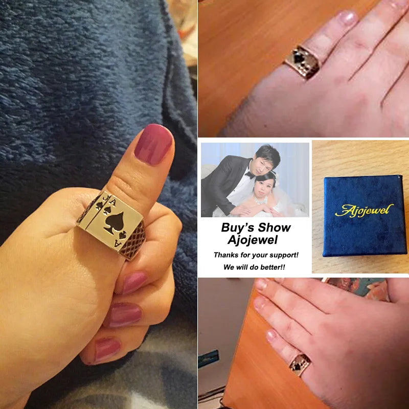 Ajojewel Gold-color Poker Ring Men Classic Jewelry Cool Black Enamel Heart Anel Man Accessories