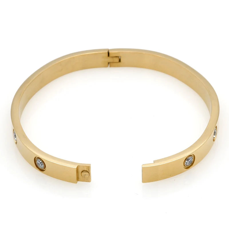 Fashion Love Jewelry Women Bangle Titanium Steel Couple Jewelry Full CZ White Crystal Buckle Bracelets Bangles Men