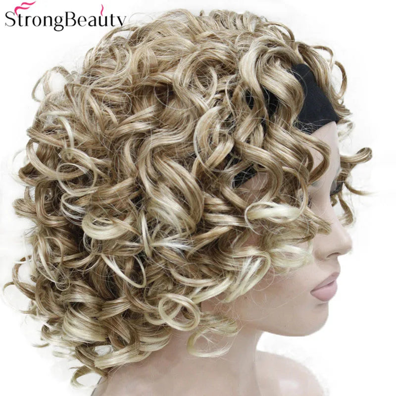 StrongBeauty Short Curly Synthetic Wigs with Headband Women Blue/Gray/Black/Red/Blonde/Brown Wigs 3/4 Half Wig for Lady