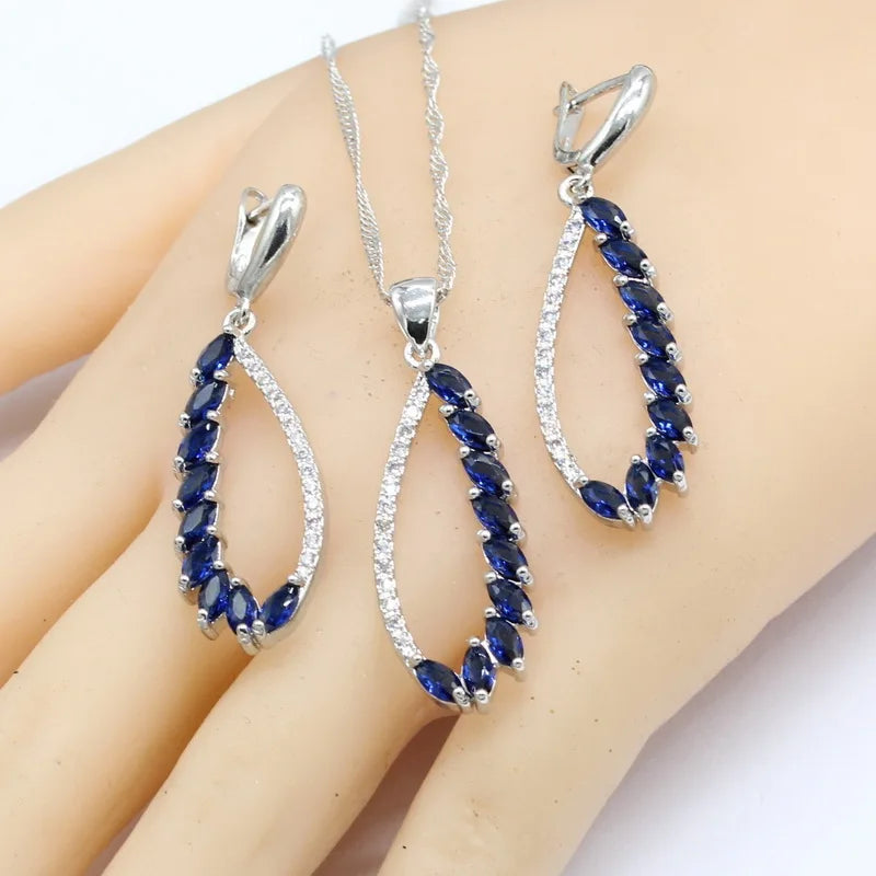 Dubai Jewelry Sets For Women Wedding Party Blue Stones Earrings Bracelet Rings Necklace Pendant Gift Box