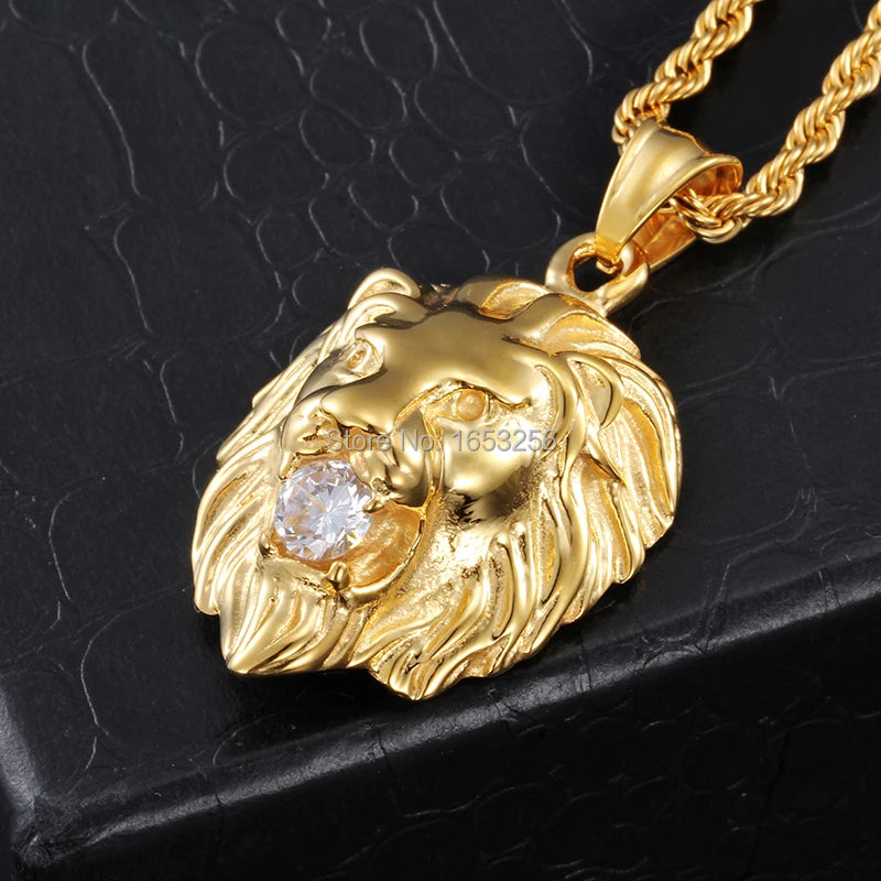 Men's Jewelry  Gold Tone Stainless Steel Fashion Biker  Lion White Crystals Pendant  Rope  Chain 22''