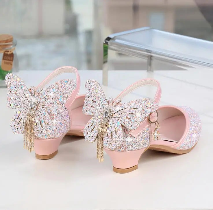 Princess Kids Leather Shoes For Girls Glitter Butterfly Knot Dress Banquet Party Children High Heel Shoe For kids Girls Sandals