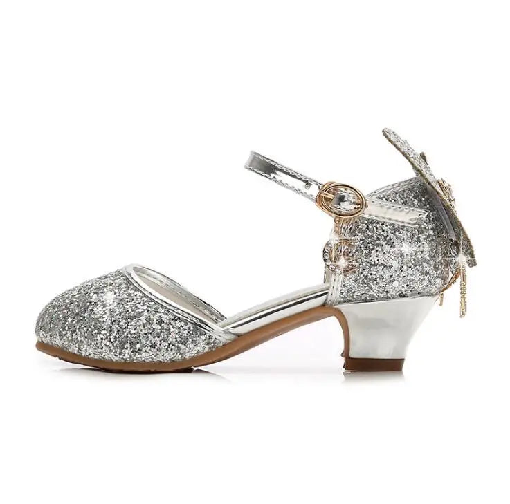 Princess Kids Leather Shoes For Girls Glitter Butterfly Knot Dress Banquet Party Children High Heel Shoe For kids Girls Sandals