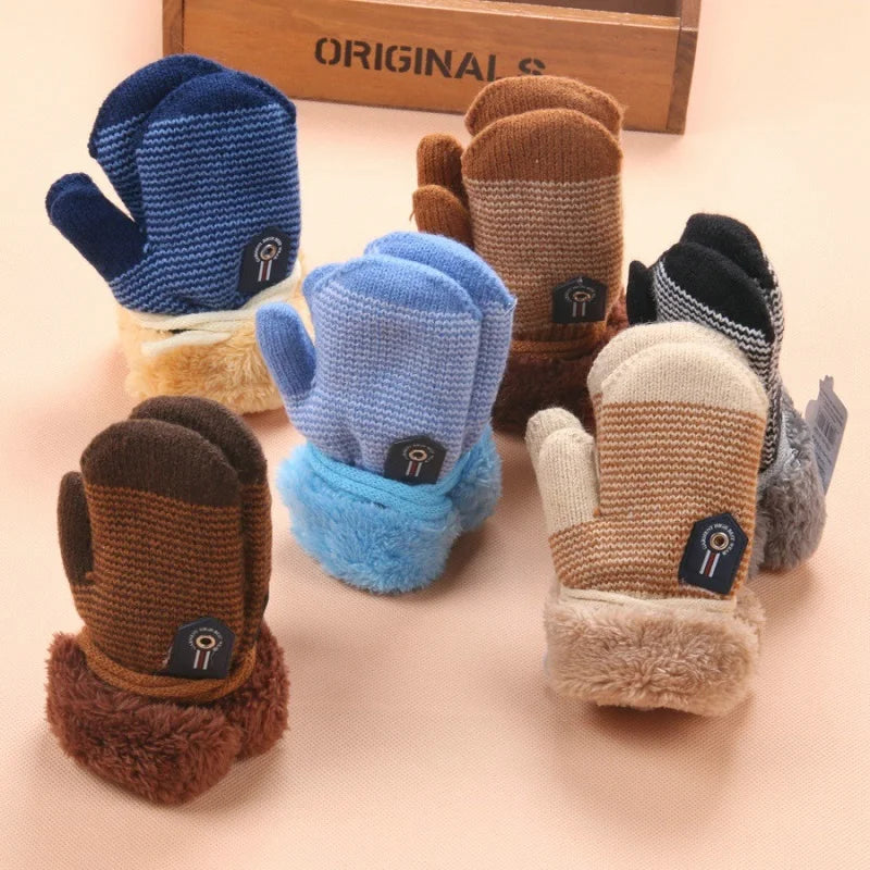 0-3 Years Baby Boys Girls Winter Knitted Gloves Warm Rope Full Finger Mittens Gloves for Children Toddler Kids Accessories KF960