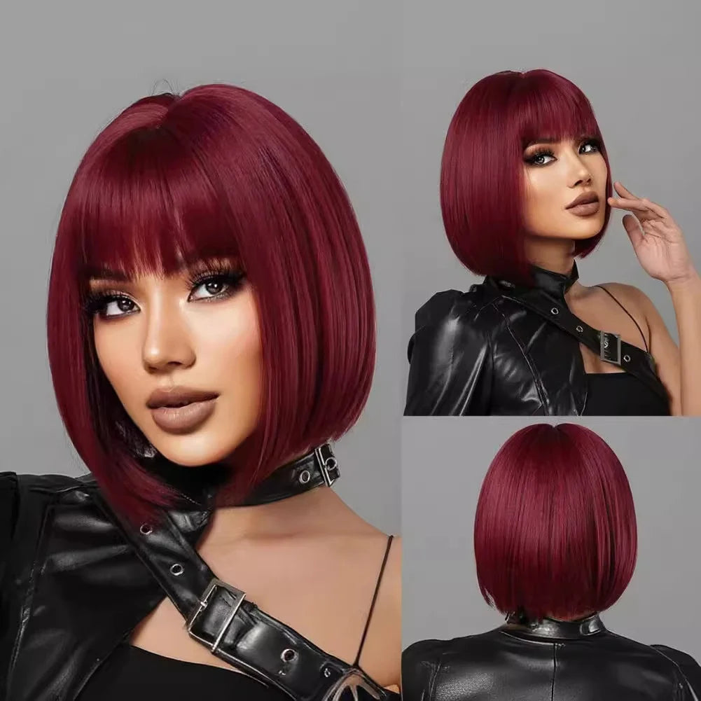 10 Inch Yaki Kinky Straight Hair Wigs High Quality Short Natural Layered Bob Heat Resistant Glueless Synthetic Hair Wig