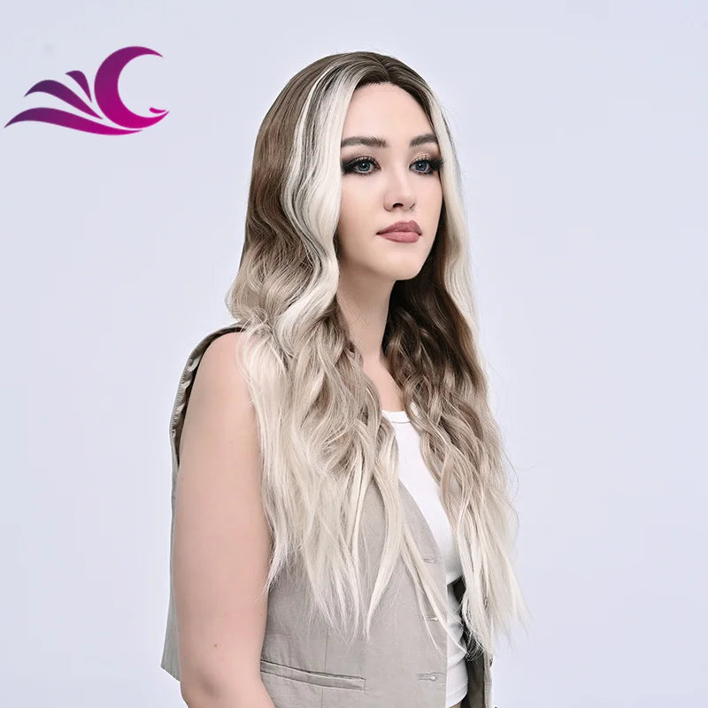 Highlight Mix Ice Blonde Ombre Colorful Middle Part Wig Long Wavy Pre-Plucked Synthetic Lace Front Wig