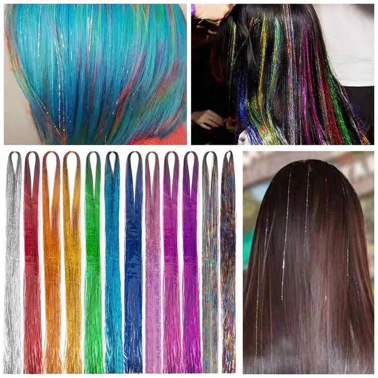 93cm Party Holographic Hair Accessories Glitter Hair Tinsel Sparkle Extensions 120Strands Bling Twinkle Hair Extension