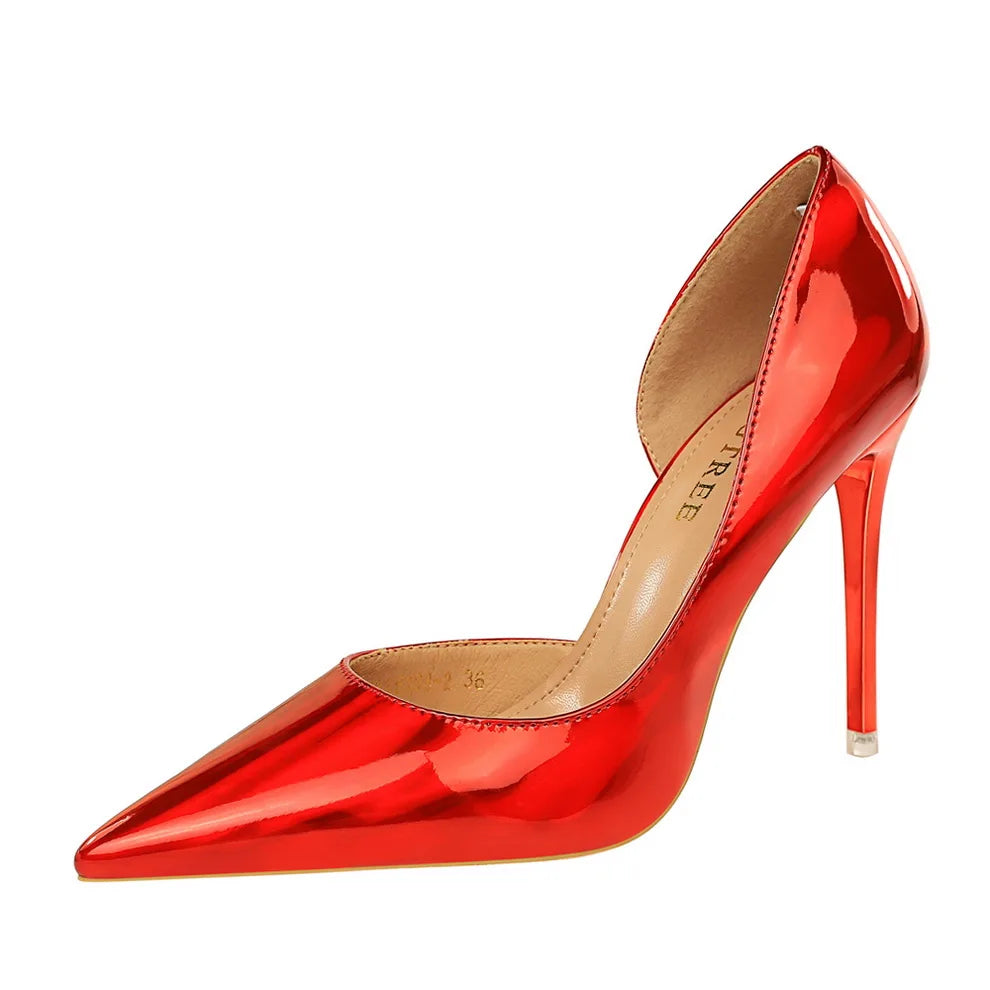 18188-2 BIGTREE Metal Feeling 9.5 CM Stiletto Heel Single Shoes Shallow Mouth Pointed Toes Women's Shoes Sexy  High Heels