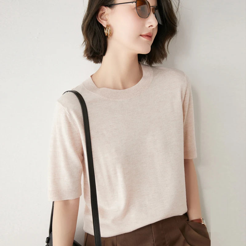 New Arrival Summer Cashmere Wool Sweater Spring Summer Women Solid Short Sleeve O-neck Pullovers Knitted Sweaters