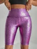 Shiny Purple High Waist Leopard Print Anti-Wrinkle Vintage Canvas Biker Shorts Women Regular Fit Zipper Closure for Wash