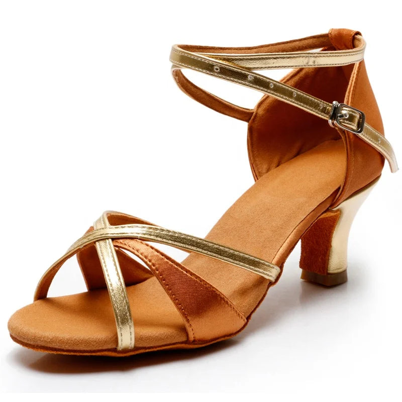 Deep Tan Satin  Classic Design Open Toe  Professional Latin Dance Heels Women Salsa Shoes