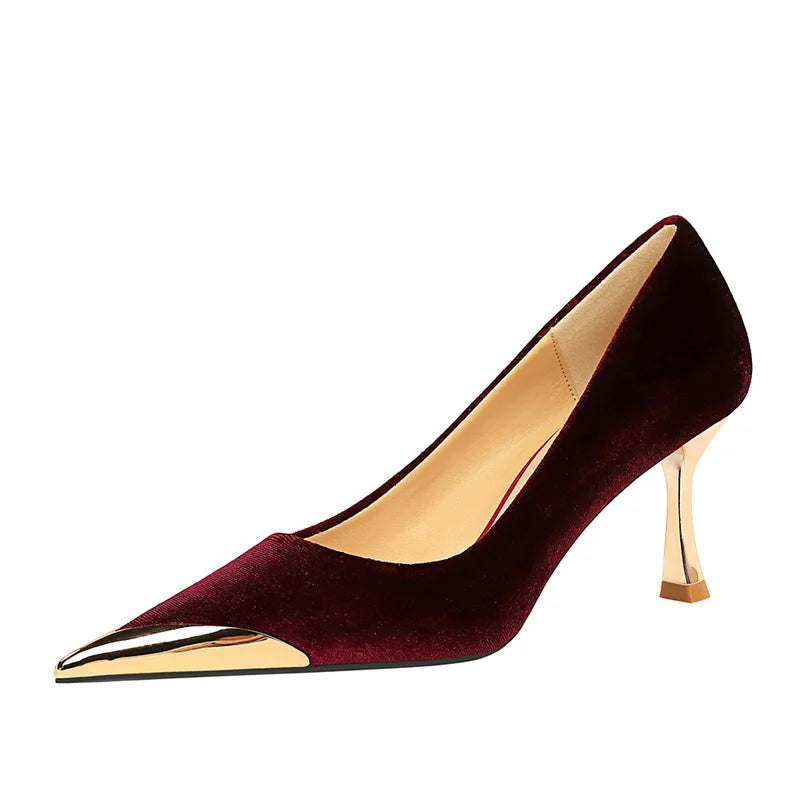2023 Women's Fashion Kitten Heels New Metal Pointed Suede Party Shoes Slip-On Bridal for Summer