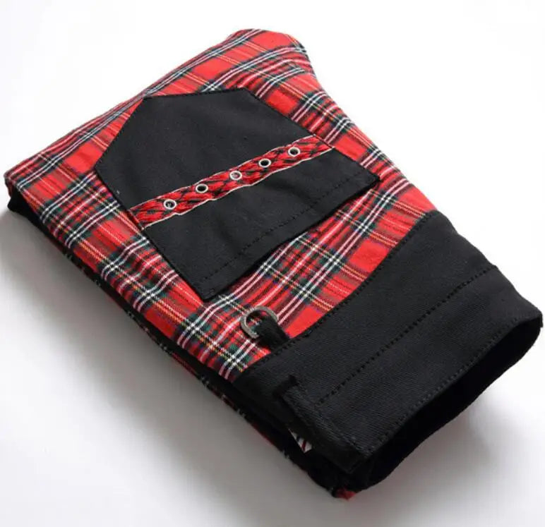Korean Fashion Red Plaid Patchwork Punk Rivet Men Slim Jeans Trousers Skull Letters Print Hip Hop Chain Denim Pants