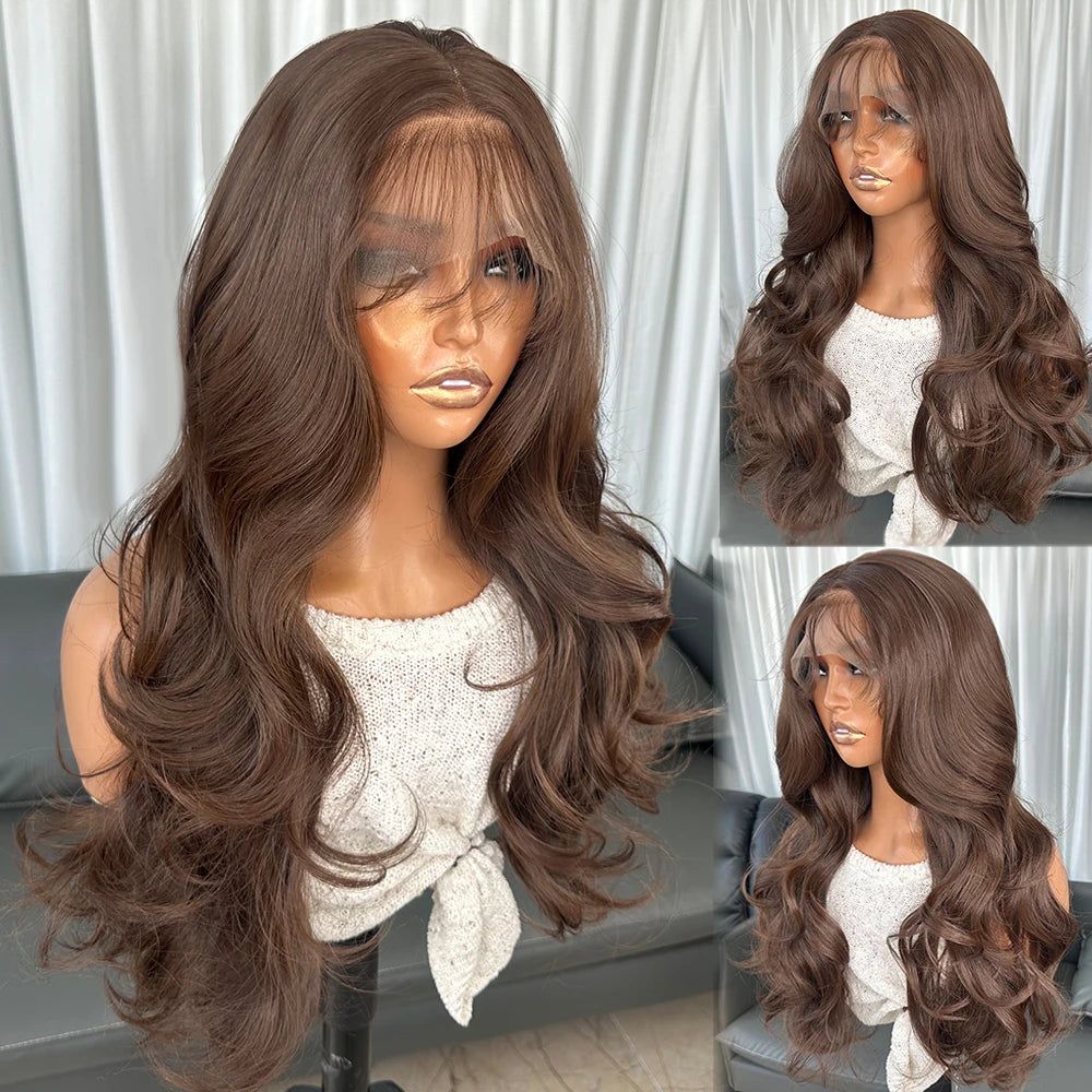 Long Body Wavy Brown Wigs Futura Fiber Hair 13X4 Heat Resistant Synthetic Lace Front Wigs for Black Women Pre-plucked Hairline
