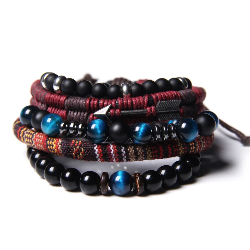 Handmade Bracelets Set Men Black Onyx Stone Beads Bracelet Women Braid Adjustable Arrow Charm Pulsera Faceted Hematite Jewelry