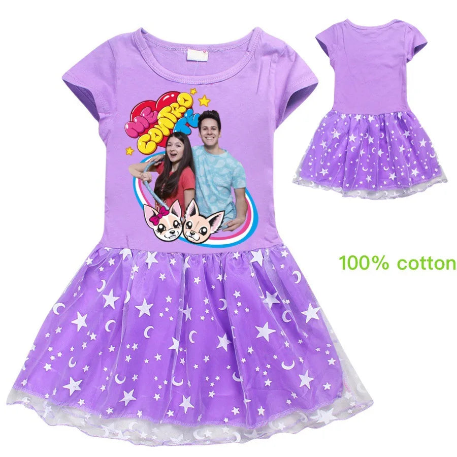 Fashion Me Contro Te Kids Clothes Knee-Length Dresses Cute Cotton Gauze Full Dress Teenagers Cartoon Baby Girls Party Clothing
