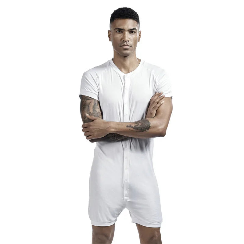 Men's Comfortable Solid Color One-Piece Pajamas with Snap Buttons Super Elastic Sleepwear Jumpsuit for Home