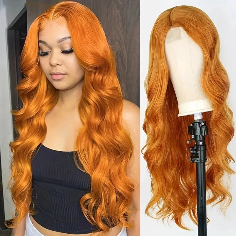 Synthetic Lace Front Wig for Women, Ginger Orange Long Curly Wavy Middle Part High Temperature Fiber Wig