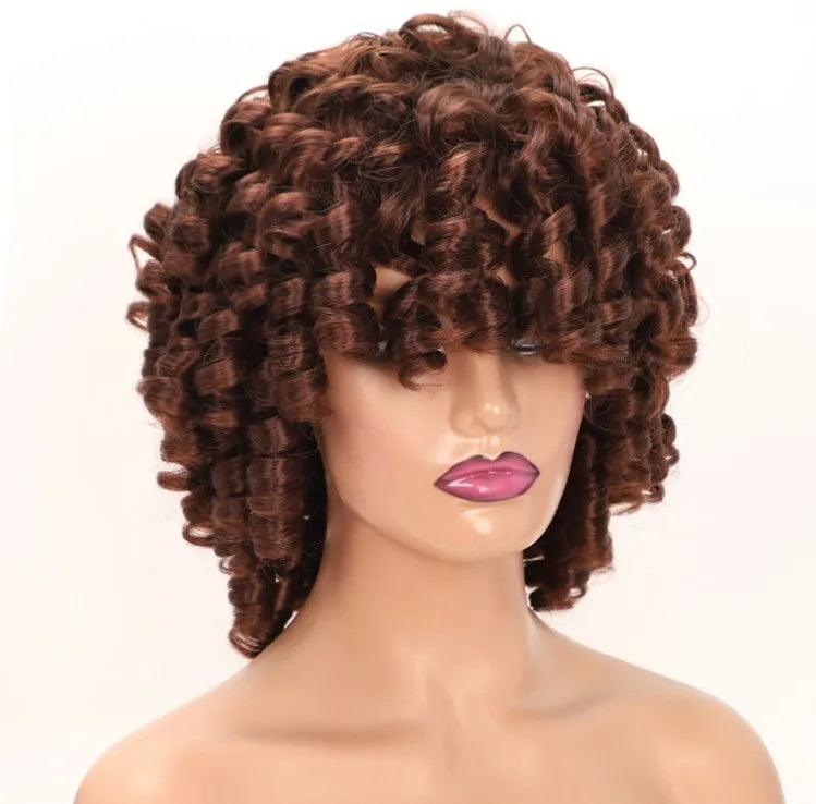 Synthetic  With Bangs Black Red Hair Shoulder Length Heat Resistant Fiber for Africa America Black Women  Afro Kinky Curly Wig