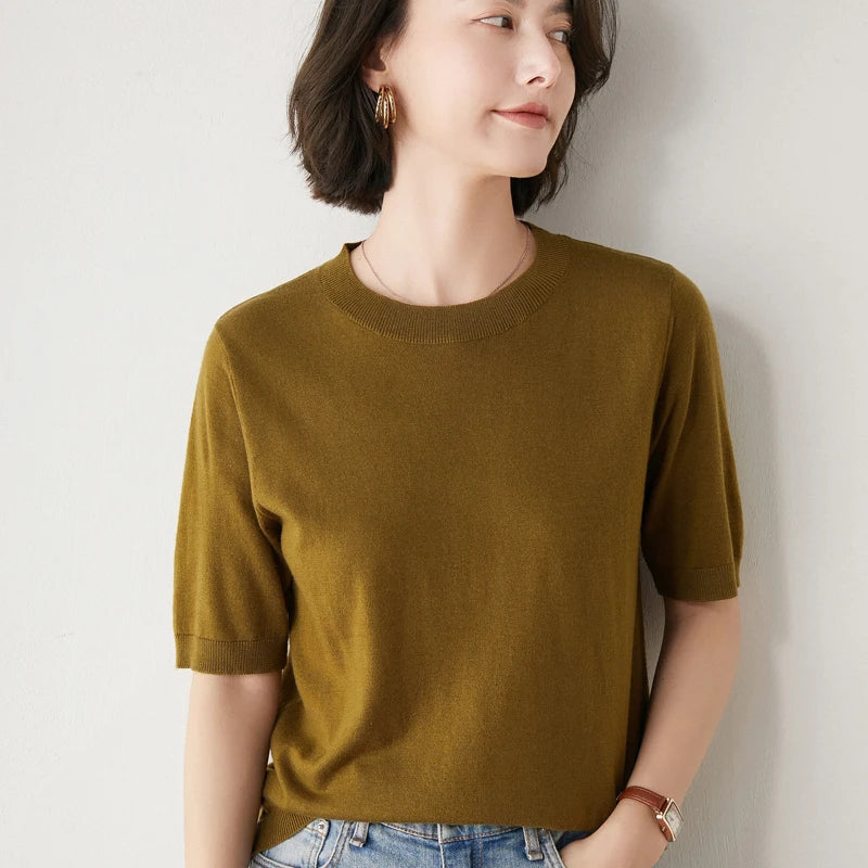 New Arrival Summer Cashmere Wool Sweater Spring Summer Women Solid Short Sleeve O-neck Pullovers Knitted Sweaters