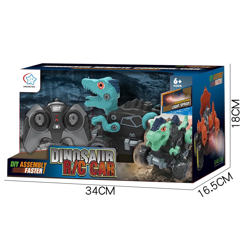 2.4Ghz Remote Control 4WD Dinosaur Spraying Vehicle Disassembly Assembly Toys Flashing Light RC Car Models for Kid Adult