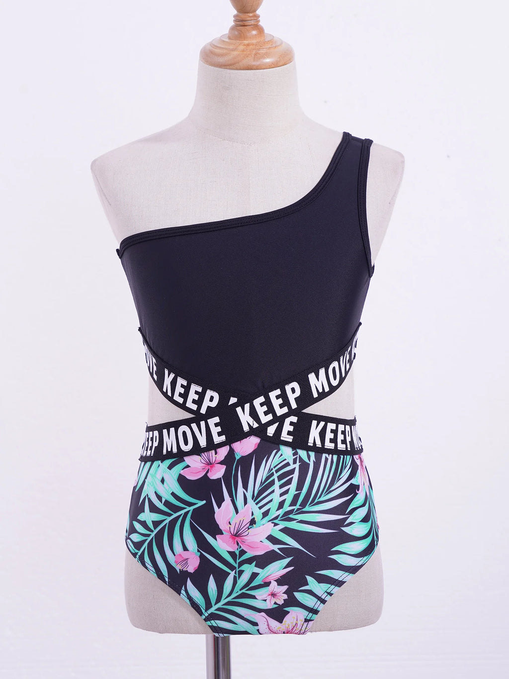 Kids Girls Hollow Out One-piece Swimwear Single Shoulder Letter Print Bodysuit Swimsuit Pool Bathing Suit Beachwear Sportswear