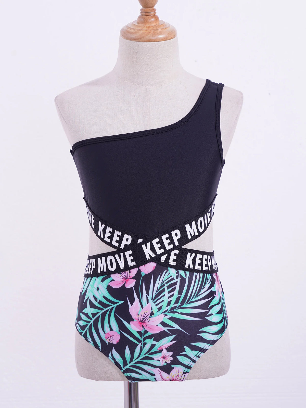 Kids Girls Hollow Out One-piece Swimwear Single Shoulder Letter Print Bodysuit Swimsuit Pool Bathing Suit Beachwear Sportswear
