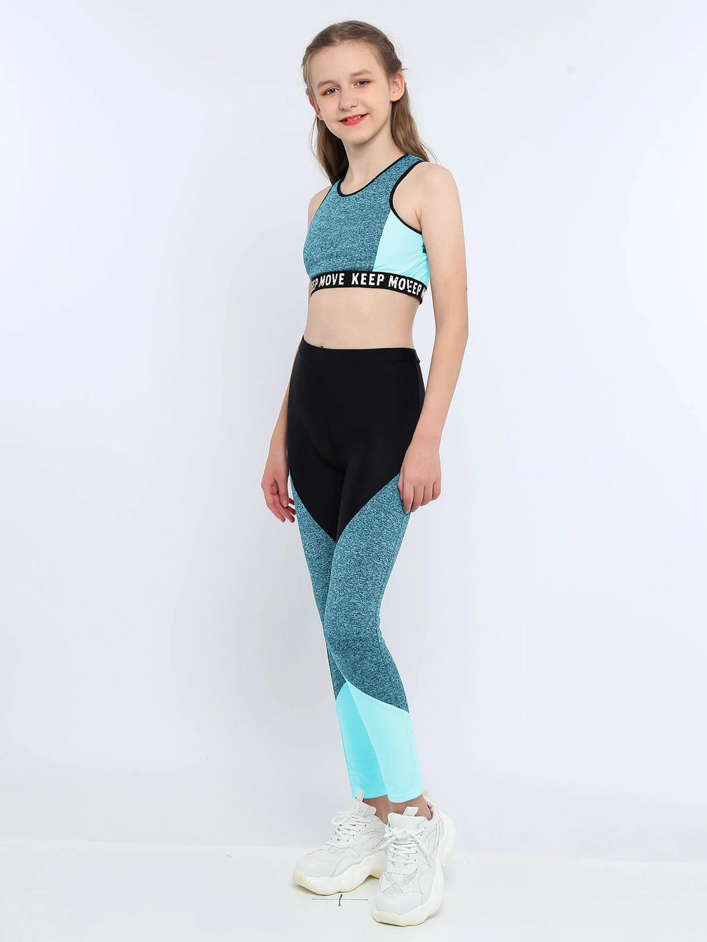 Kids Girls Sportswear Workout Gymnastics Outfits Running Sports O-Neck Wide Shoulder Tops+Pants Clothes Set Girls Activewear