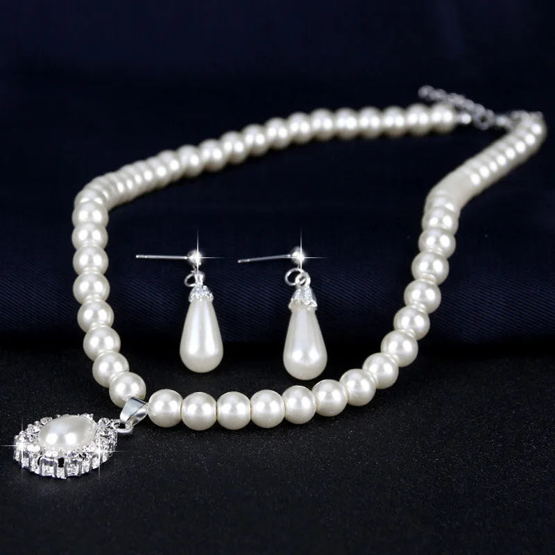 Pearl Jewelry Set for Women Water Drop Dangle Earrings Crystal Pendants Imitation Pearl Beads Necklaces Femme Brincos E Colares