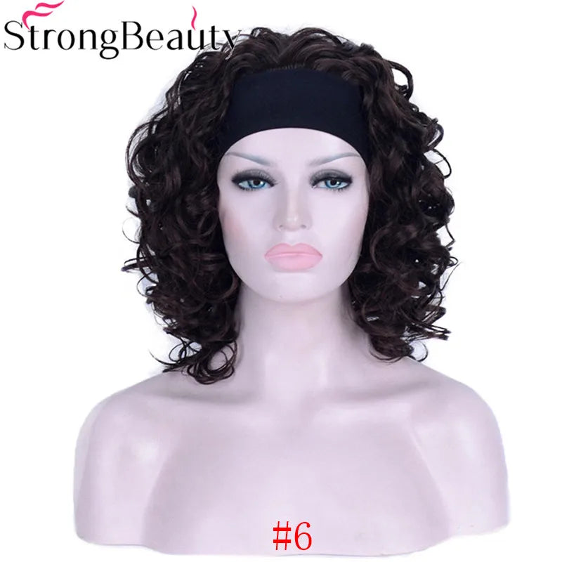 StrongBeauty Short Curly Synthetic Wigs with Headband Women Blue/Gray/Black/Red/Blonde/Brown Wigs 3/4 Half Wig for Lady