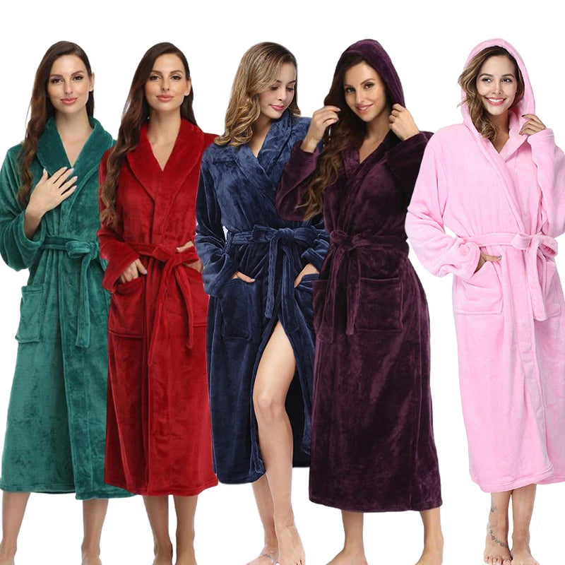 Plush Oversize Winter Soft Warm Long Flannel Bathrobe with Hooded Women Thick Night Fleece Bath Robes Dressing