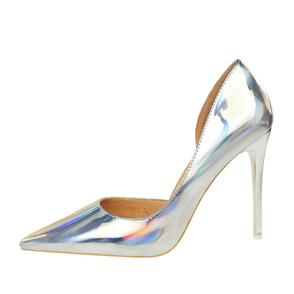 18188-2 BIGTREE Metal Feeling 9.5 CM Stiletto Heel Single Shoes Shallow Mouth Pointed Toes Women's Shoes Sexy  High Heels
