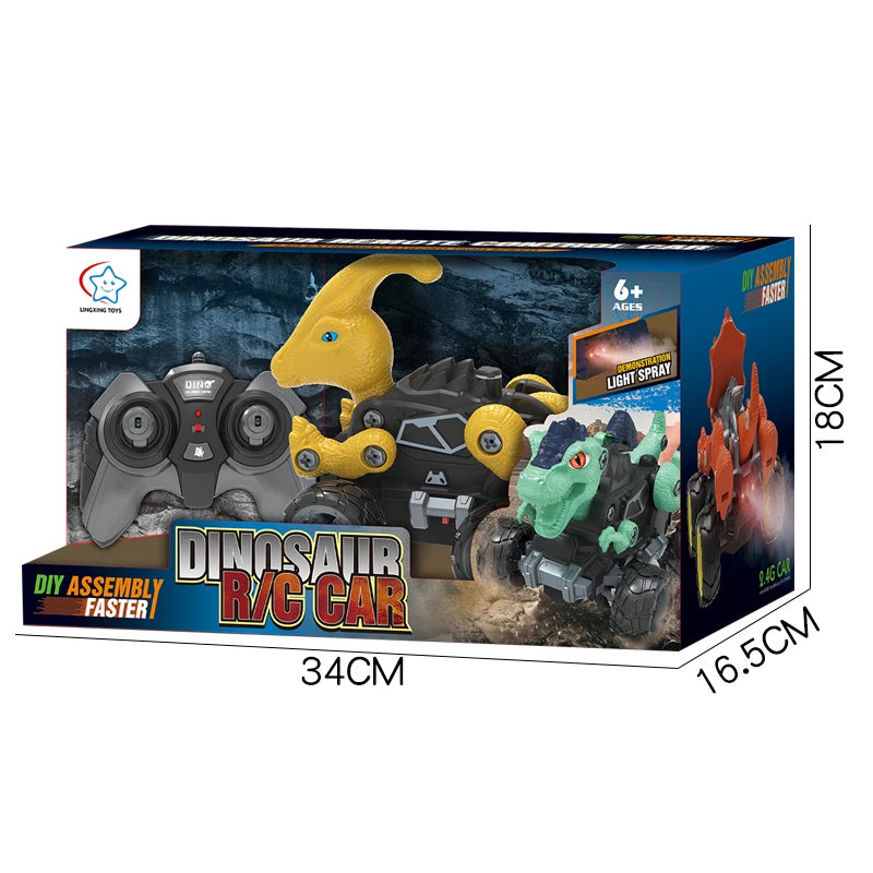 2.4Ghz Remote Control 4WD Dinosaur Spraying Vehicle Disassembly Assembly Toys Flashing Light RC Car Models for Kid Adult