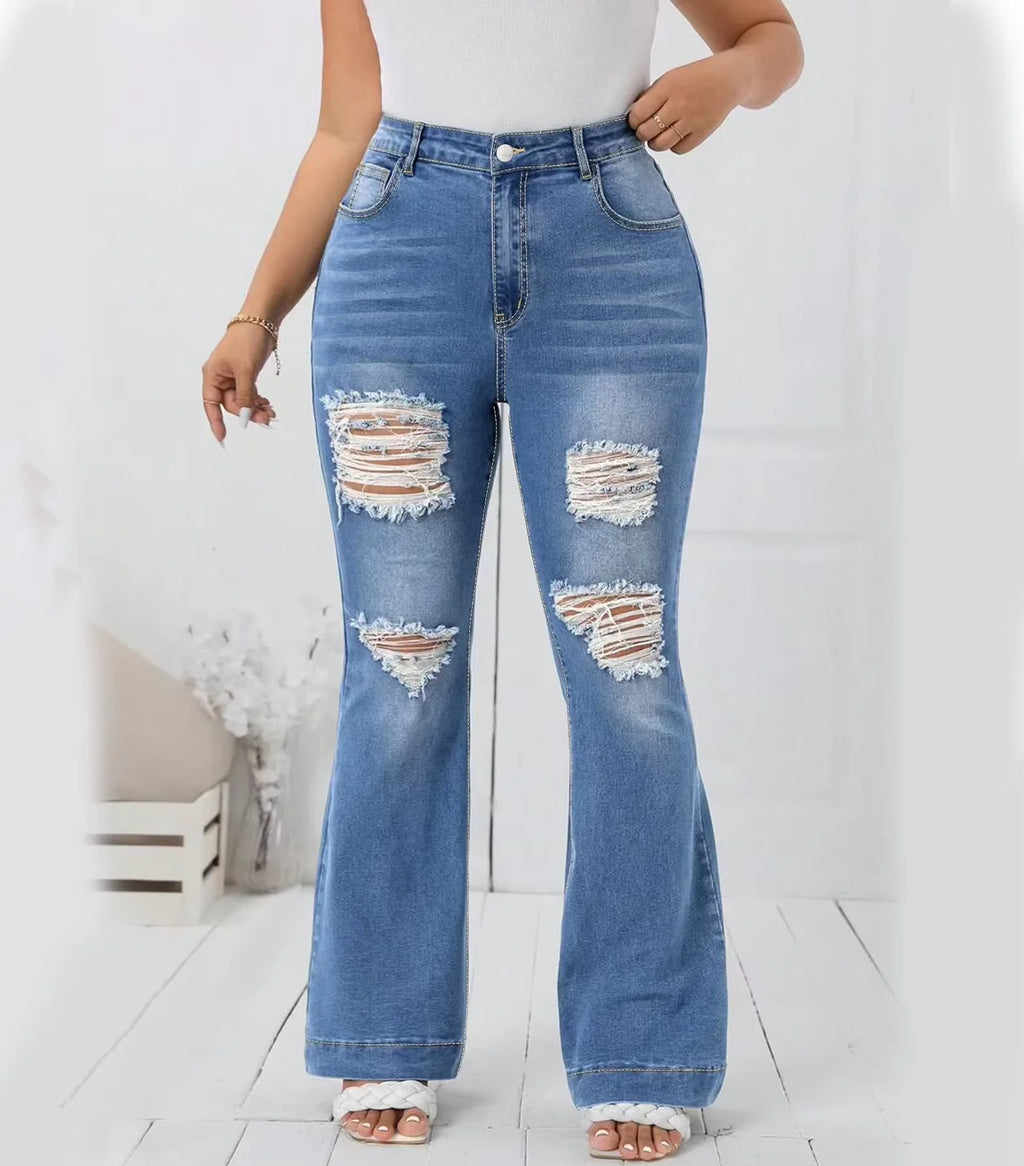 Wholesale Plus Size High Quality Light Blue Wide Leg Feet Long Flare Denim Jeans Pants Ripped Baggy Loose Leg Women Denim Jean