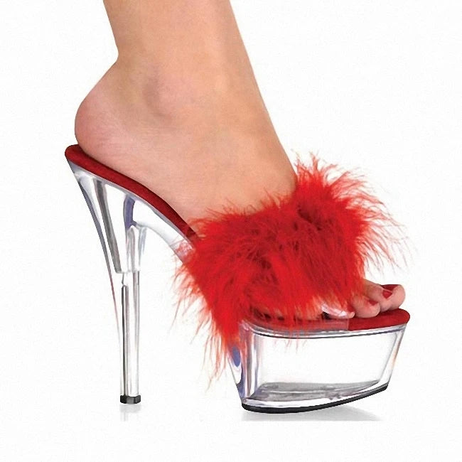 6 Inch Super High Heeled Shoes Clear Lace Sexy Fetish Outer Wear 15cm Models Party Cross Dressing Platform Feather Slippers