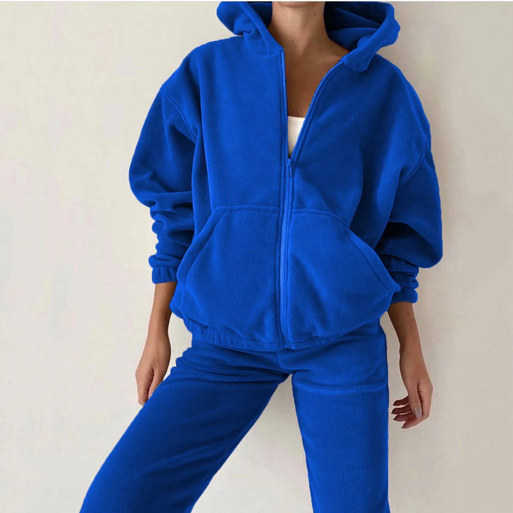 2025 Casual Women Fleece Hoodie Two Piece Sets Hooded Zipper Outerwear And Harem Pant Suit Winter Fashion Streetwear Tracksuit