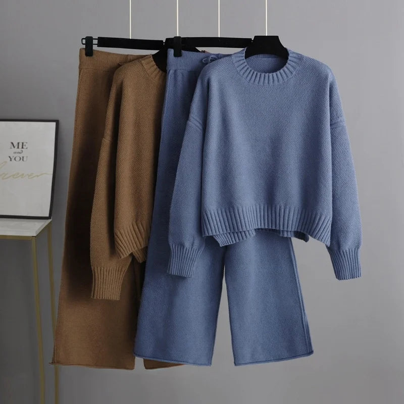 Autumn and Winter New Fashion Casual Knit Suit Pants Women's Version of Loose Sweater Wide Leg Trousers Long Pants Two-piece Set