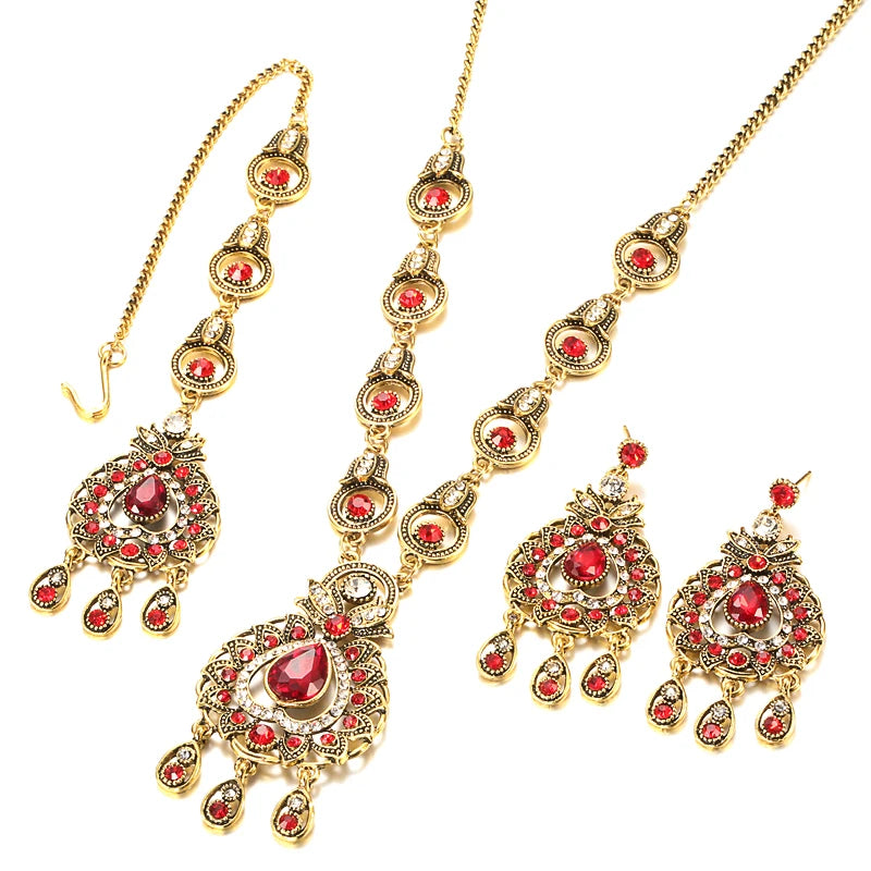 From India Vintage Look Jewelry Sets Pendants Necklace Earring For Women Gold-Color Mosaic  Blue Crystal Party Gifts