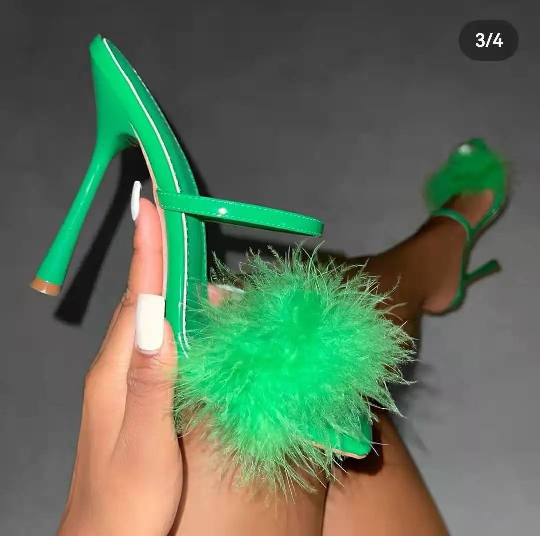 Summer New Women's Head Slippers Hairy Thin Heels High Heels European and American Fashion Women's Shoes