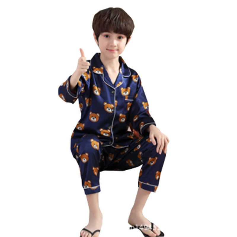 New Lapel Printed Set Long-Sleeved Pajamas Set Girls Bear Cartoon Children's Home Wear Toddler Boy Pyjamas Pjs for Kids