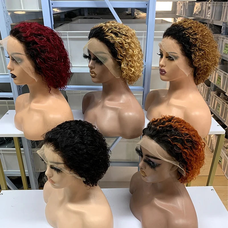 Wholesale  Virgin Brazilian Human Hair 13x4 Full Lace Frontal Wigs Short Pixie Cuts Color 1b/350 Curly Hair for Black Women