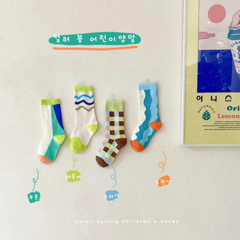 4 Pairs/lot Spring New Kids Socks Korean Cartoon Baby Boys Girls Cotton Socks 1-8Years Children Sports Socks
