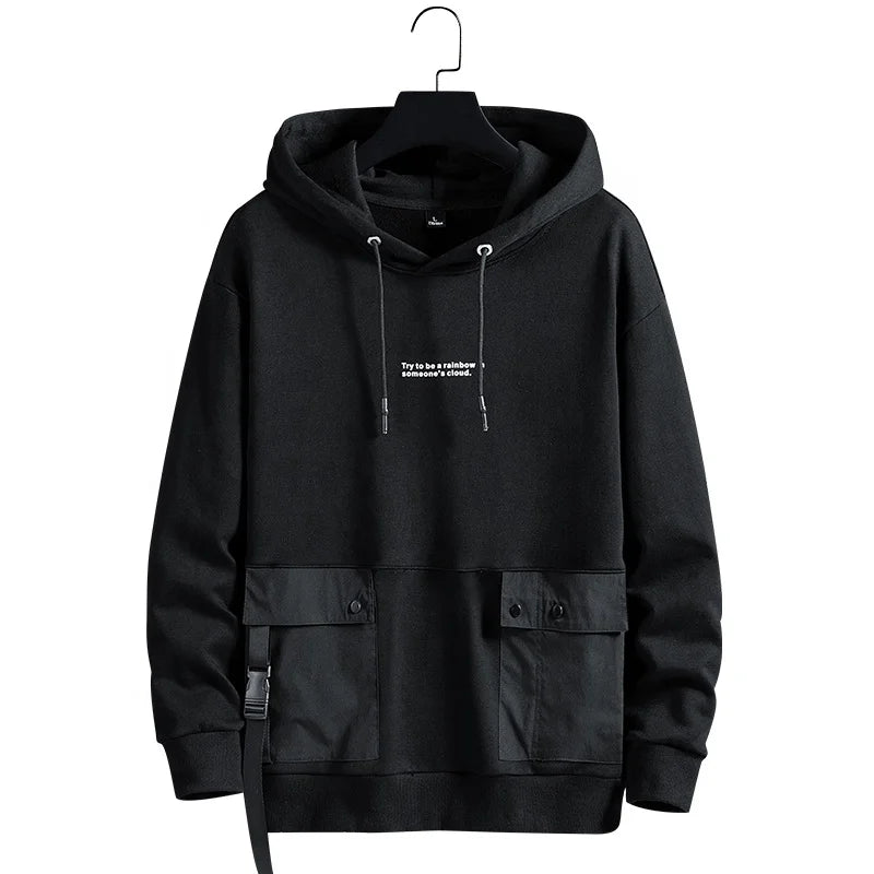 Black Mens Hooded Long Sleeve Pullover Cargo Pocket Streetwear