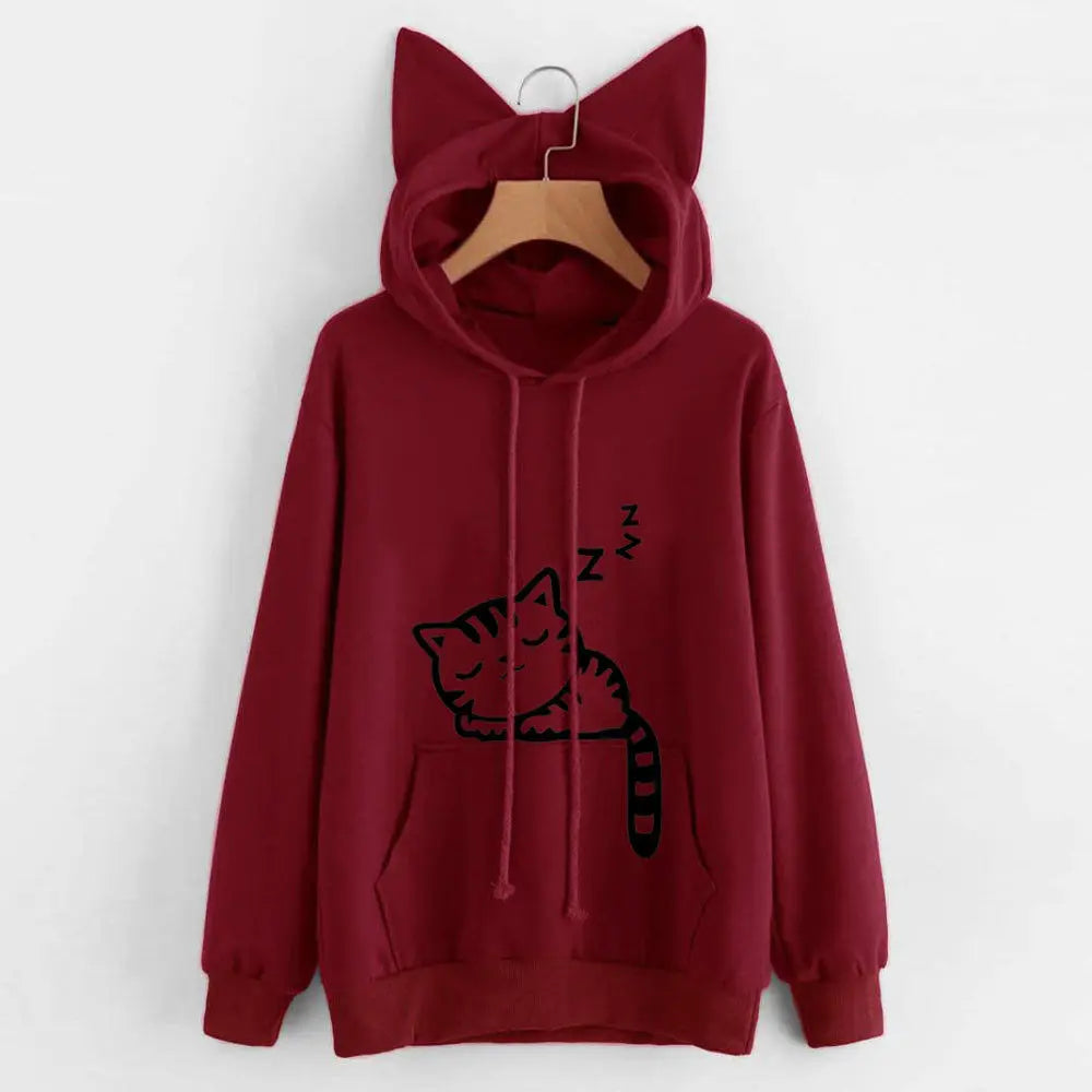 New Women Hoodies Sweatshirt Kawaii Pink Winter Cat Pattern Long Sleeve Hooded Sweatshirts Harajuku