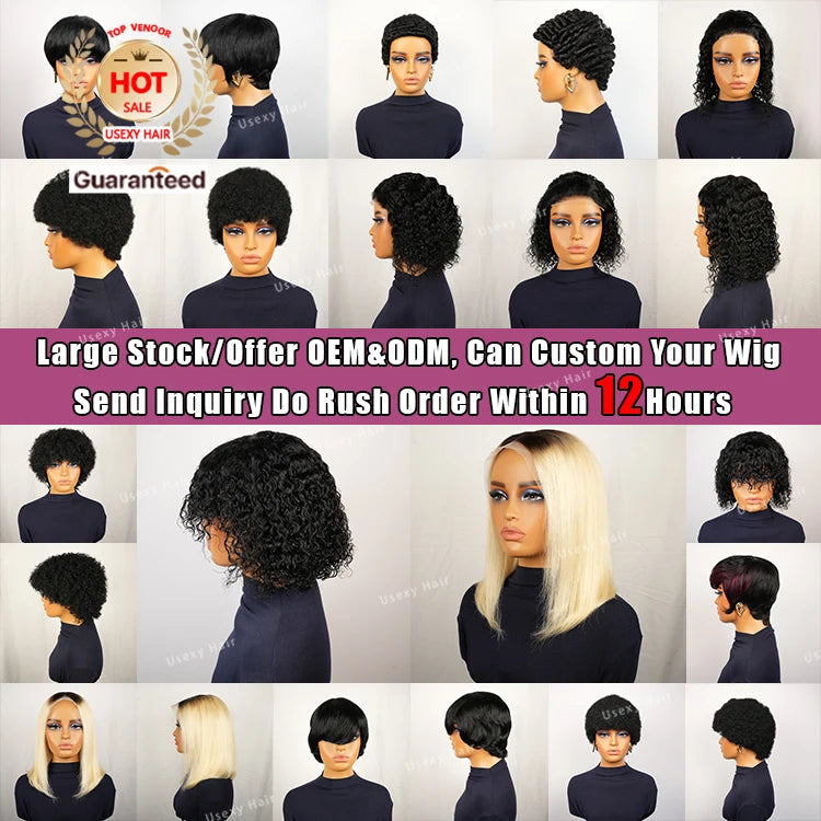 Cheap Full Machine Made Wig 100% Brazilian Human Hair Pixie Cut Wigs Short Kinky Curly Loose Curly Non Lace Wigs for Women